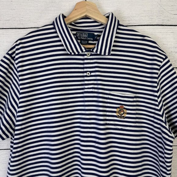 Vtg Polo Ralph Lauren Mens XXL Polo Crest Lisle Polo Shirt Navy Stripe - Picture 4 of 9